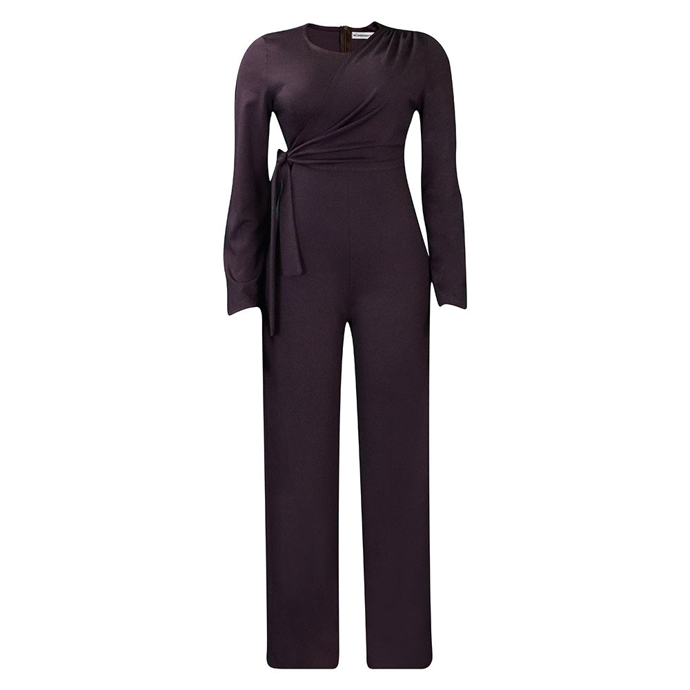 Women Clothing Autumn Winter Long Sleeve Solid Color Casual Wide Leg Outer Jumpsuit