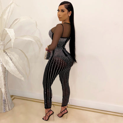 Women Clothing Sexy Mesh Rhinestone See-through Jumpsuit Long Sleeve Nightclub Uniforms Women