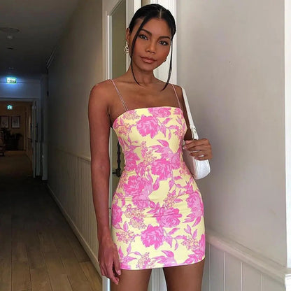 Women Clothing Bandeau Sling Dress Sexy Rose Print Sexy Hip Dress for Women