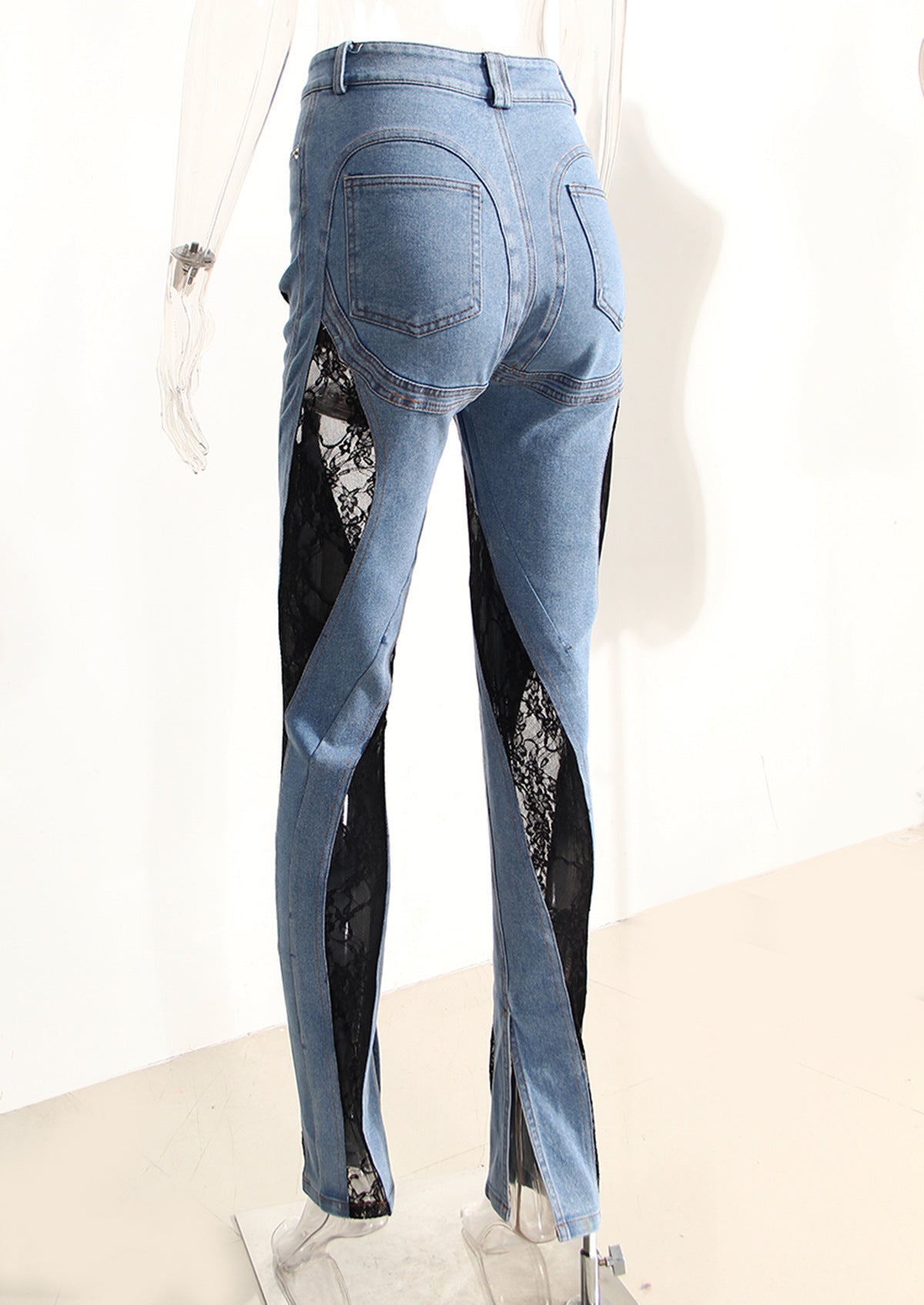 Niche Deconstruction Fashionable Sexy Line Color Contrast Patchwork Lace High Waist Slimming Jeans Trousers for Women