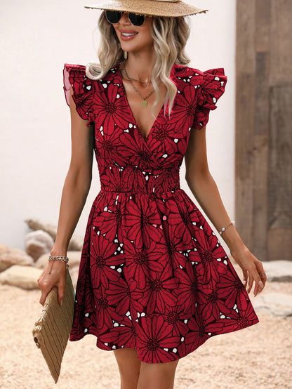 Ropa de mujer Vestido sin mangas con volantes florales grandes sexy con cuello en V y cintura ajustada de verano