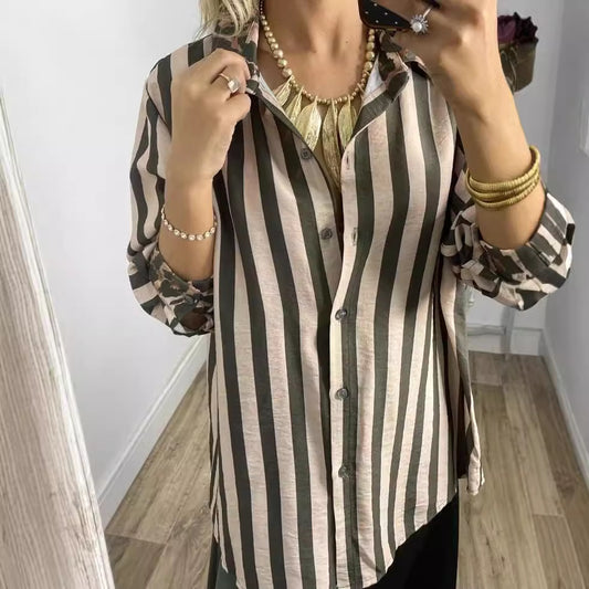 Striped Long Sleeve Shirt Autumn Striped Leopard Print Loose Casual Shirt