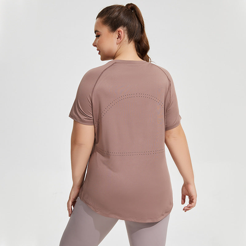 Ropa deportiva de talla grande para mujer, ropa fina de Yoga hasta el muslo, malla de belleza, espalda, transpirable, manga corta, para correr y Fitness