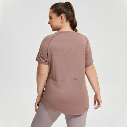 Ropa deportiva de talla grande para mujer, ropa fina de Yoga hasta el muslo, malla de belleza, espalda, transpirable, manga corta, para correr y Fitness