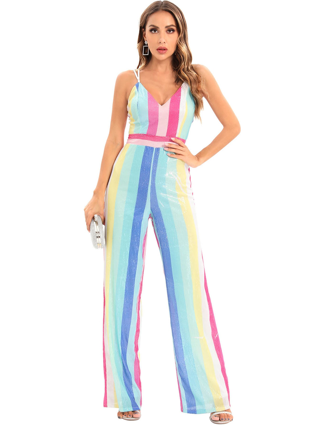 Hose Sexy Retro Hosenträger Streifen Pailletten Overall Frauen Kleidung