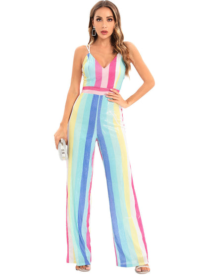 Hose Sexy Retro Hosenträger Streifen Pailletten Overall Frauen Kleidung