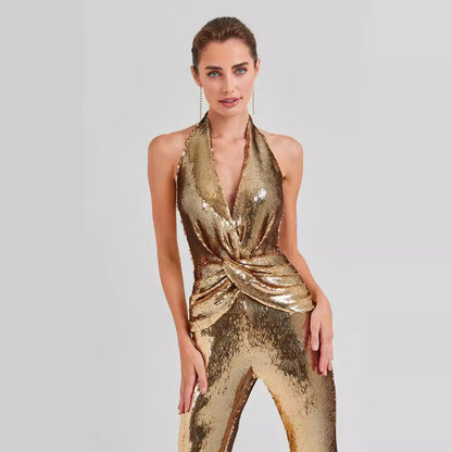 Summer High End Elegant Sequined Light Luxury Halter Jumpsuit Cocktail Host Annual Meeting Performance Dress for Women