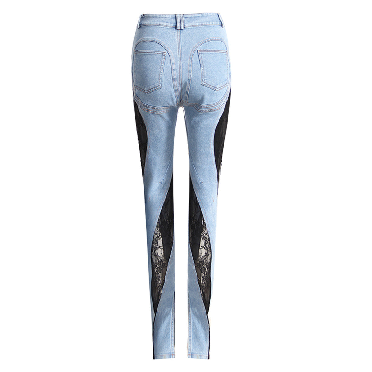 Niche Deconstruction Fashionable Sexy Line Color Contrast Patchwork Lace High Waist Slimming Jeans Trousers for Women