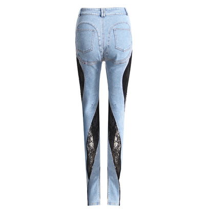 Niche Deconstruction Fashionable Sexy Line Color Contrast Patchwork Lace High Waist Slimming Jeans Trousers for Women