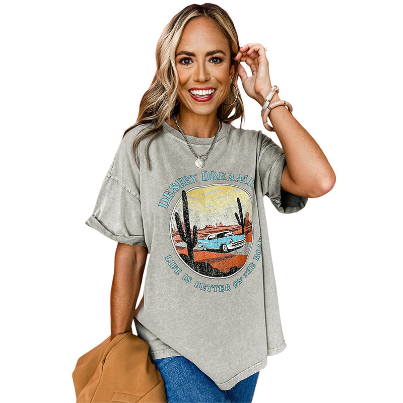 Women Clothing Western Pattern Pullover T shirt Summer Loose Printed Casual Pullover for Women