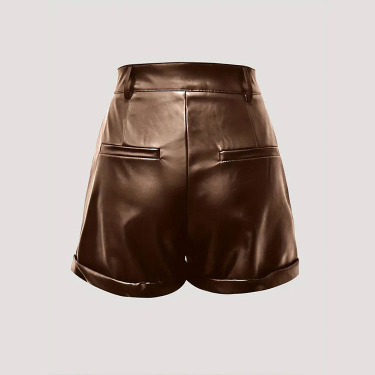 Damenbekleidung Frühling Sommer Damen Büro Hose mit hoher Taille Fuß Curling Doppeltasche Shorts aus Kunstleder Freizeithose für Damen