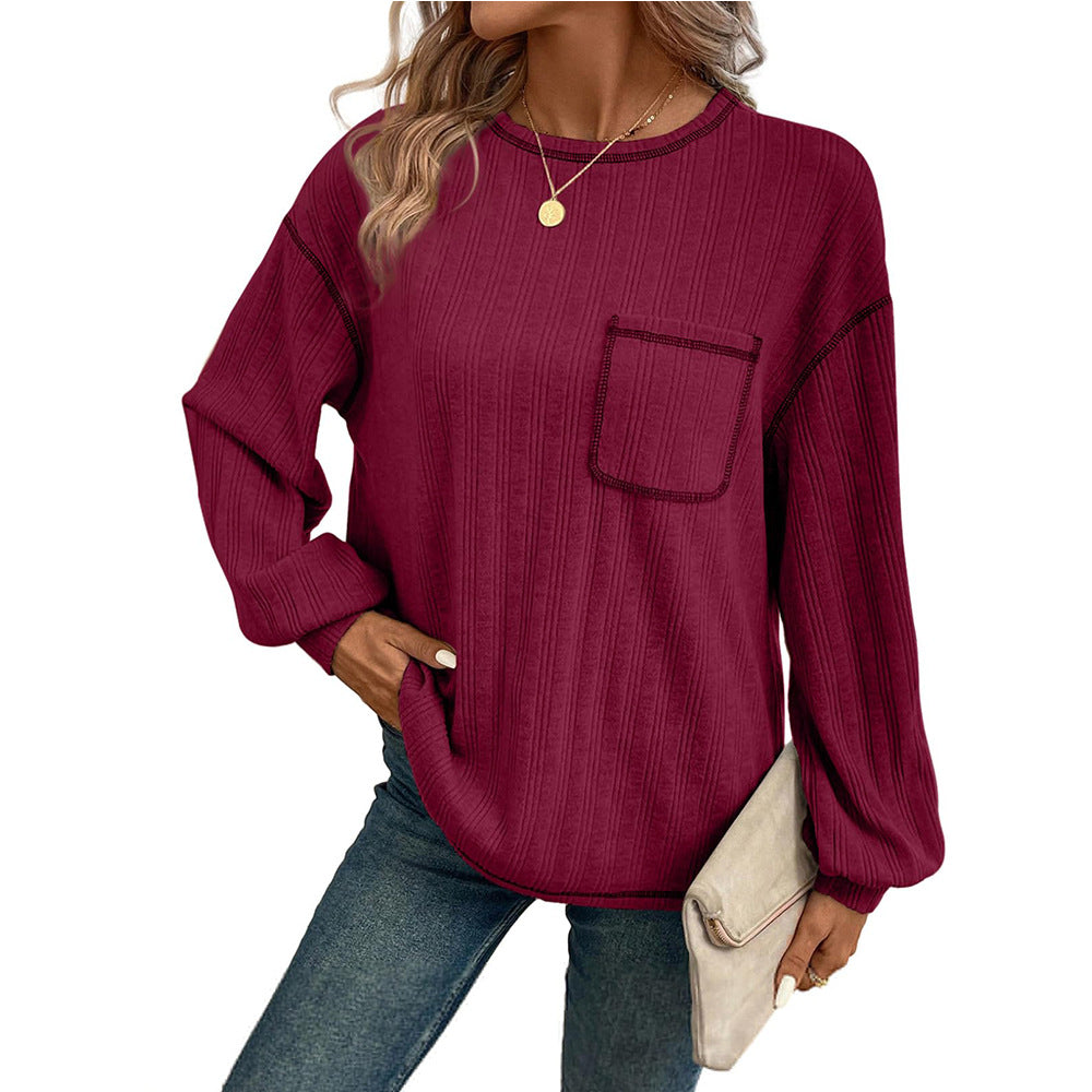 Women Women Sunken Stripe Brushed Solid Color Round Neck Pocket Casual Loose Fitting T Shirt Women