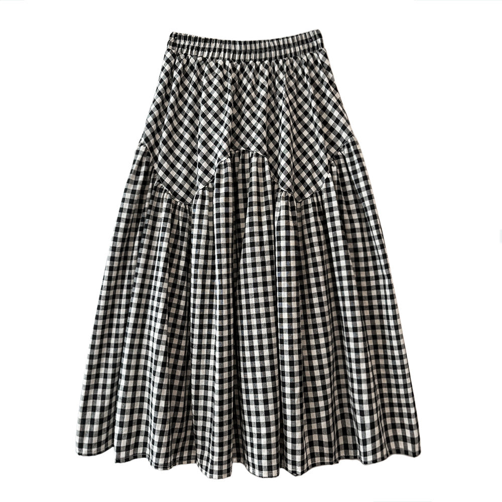 Art Retro Plaid High Waist Slimming A Line Skirt Patchwork Big Hem Umbrella Skirt