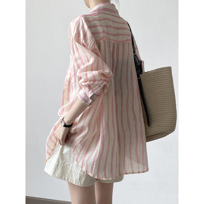 Linen Hong Kong Vertical Striped Long Sleeved Shirt Summer Lightweight Shirt Sun Protection Top