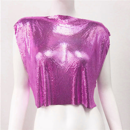 Women Clothing Spring Summer Sequined Metal Top Personality Hipster Punk Vest Music Festival Sequined T Shirt