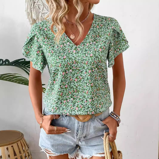 Women Clothing Best Seller Summer Small Floral Print Short Sleeved Women Shirt Casual