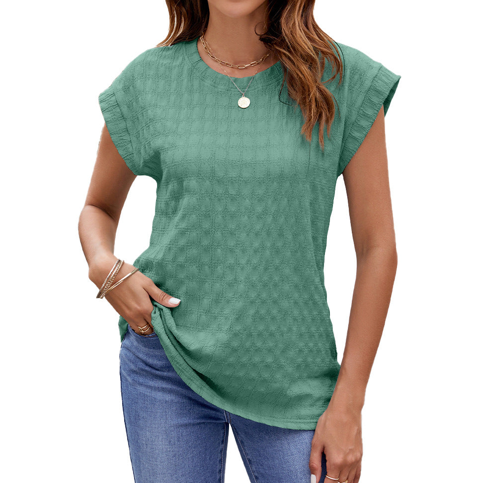Spring Summer Solid Color Jacquard Loose Fitting round Neck Short Sleeve T shirt Top Women