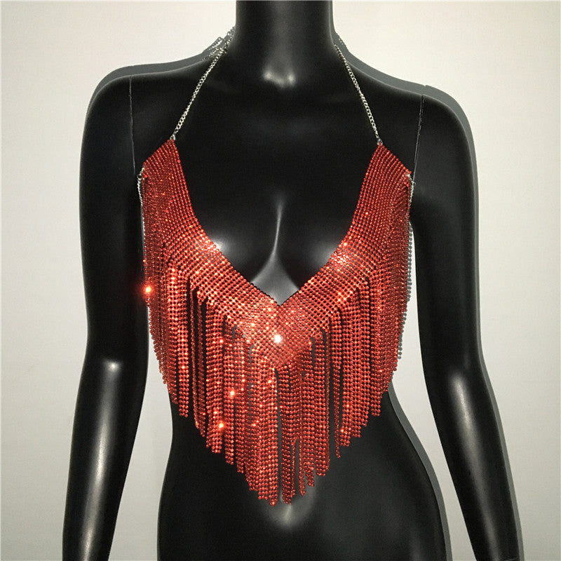 Women Clothing Metal Rhinestone Top Sexy Party Sexy Suit Rhinestone Nightclub Sexy Sling