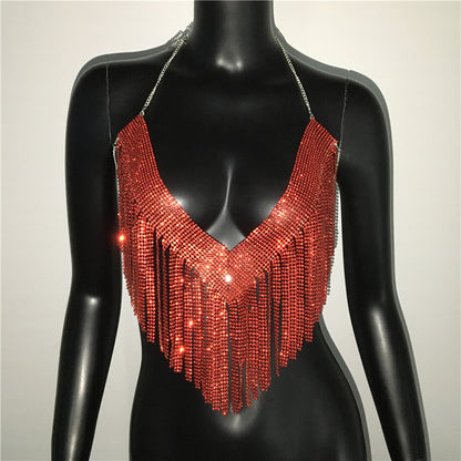 Ropa de mujer Top de diamantes de imitación de metal Traje sexy de fiesta con diamantes de imitación Club nocturno Sexy Sling