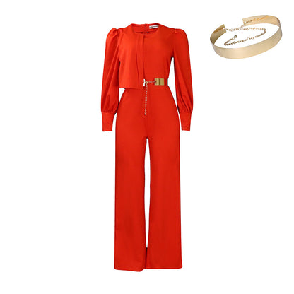 With Belt Women Clothing Spring Long Sleeve Casual Wide Leg Jumpsuit