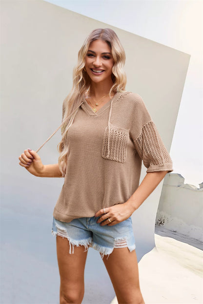 Summer V neck Hooded Sweater with Pockets Hollow Out Cutout Short Sleeved Top for Women