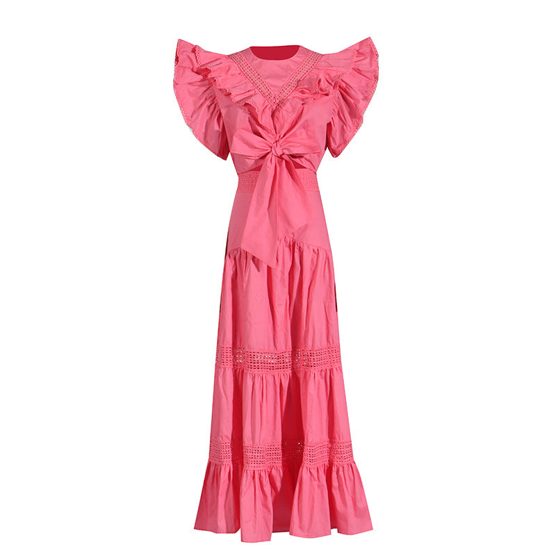 Elegant Summer Arrival Flying Sleeves Knotted Short Top Big Hem Skirt Set Women