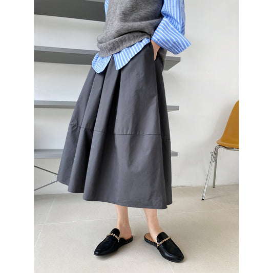 Autumn High Waist Slimming Puffy A line Dress Skirt Elastic Waist Mid Length Big Hem Umbrella Skirt