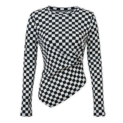 Spring Vintage Chessboard Plaid Black White Plaid Irregular Asymmetric All-Matching Slim Fit Slimming Bottoming Shirt