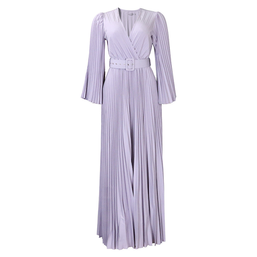 Women Clothing V neck Sexy Pleated Formal Swing Dress Maxi Dress