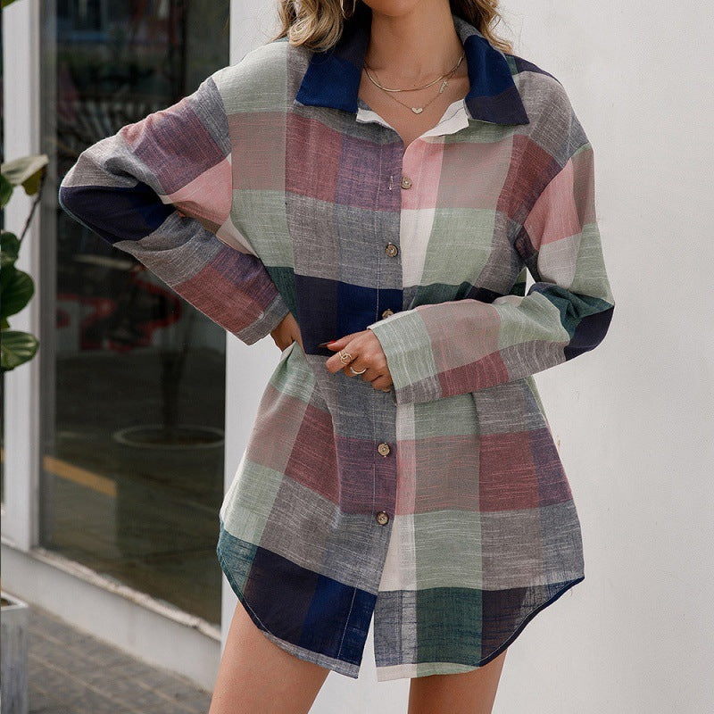 Loose Casual Color Plaid Mid-Length Shirt Single-Breasted Long Sleeve Plaid Top for Women