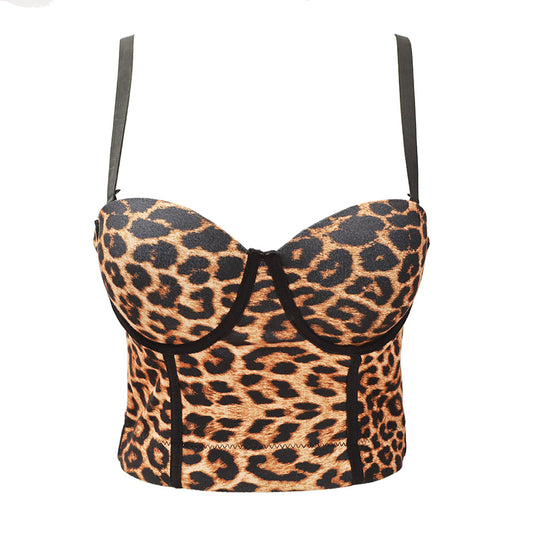 Chaleco sexy con estampado de leopardo para mujer, pequeño, para saltar, discoteca, ropa exterior, ropa interior, corsé con ballenas, formato de color pollo