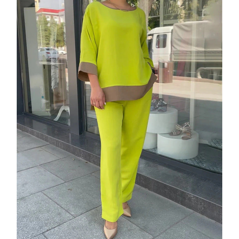 Women Loose Casual Crew Neck Top Shirt Straight Leg Pants Suit