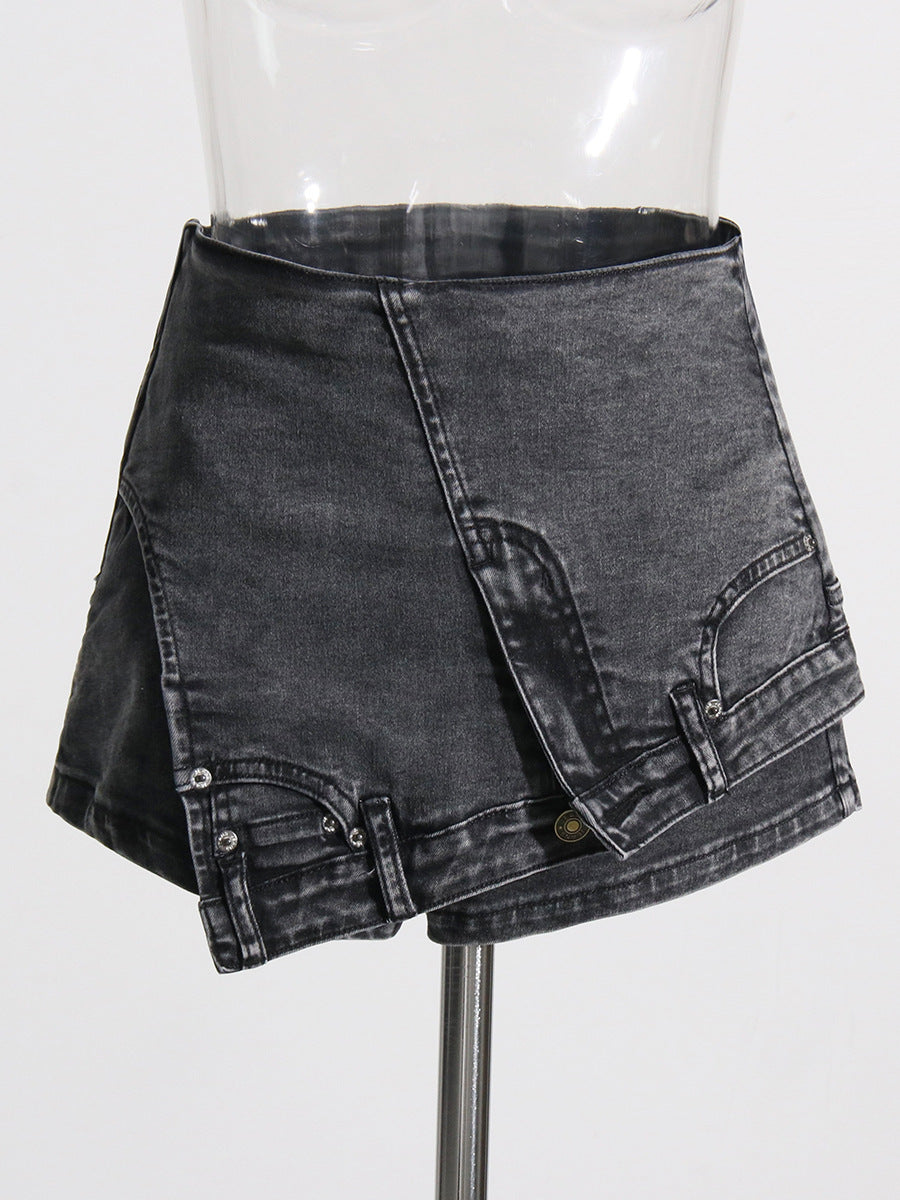 Persönlichkeit Street Denim Stitching Shorts Herbst Hohe Taille Unregelmäßigen Asymmetrische Washed Worn Jeans Frauen