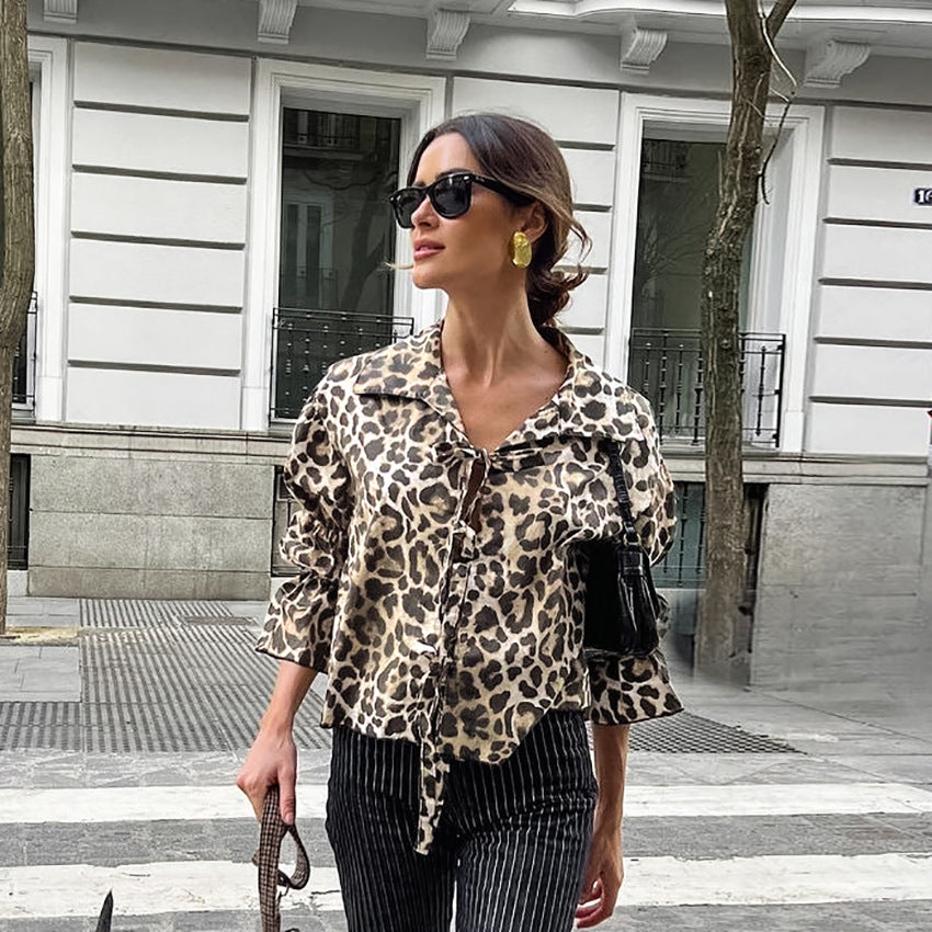 Camisa clásica de calle con estampado de leopardo y cuello atado, camisa holgada informal rusa de otoño, ropa para mujer