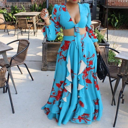 Summer Sexy Printed Lace up Top Skirt Two-Piece Outer Code Suit