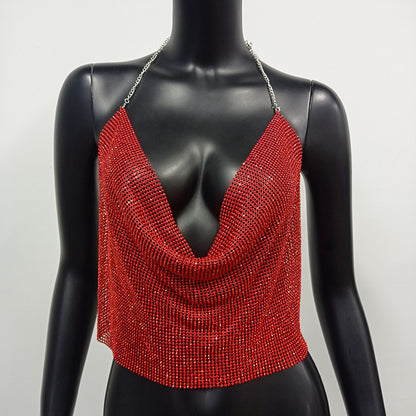 Ropa de mujer Chaleco con diamantes de imitación Traje sexy para fiesta en discoteca Top con tirantes y diamantes de imitación