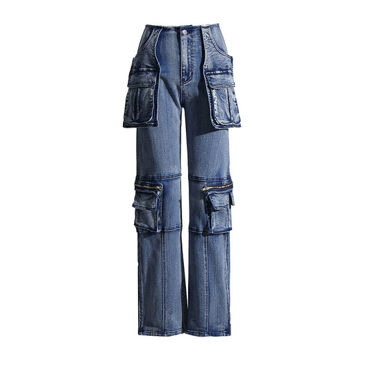 Spring High Street Design Pocket Stitching Tooling High Waist Straight Jeans Trousers for Women