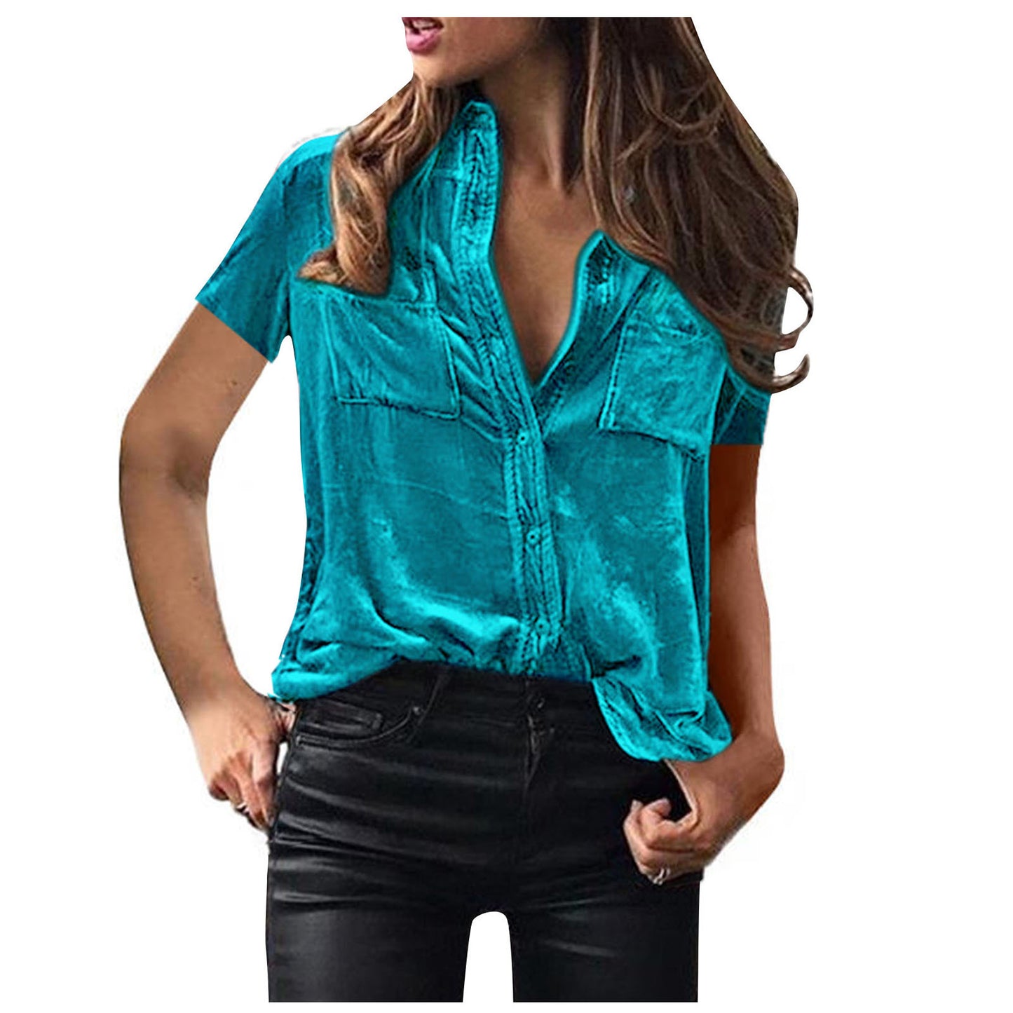 Spring Summer Pocket Shirt Top Solid Color Elegant Long Sleeve Shirt for Women