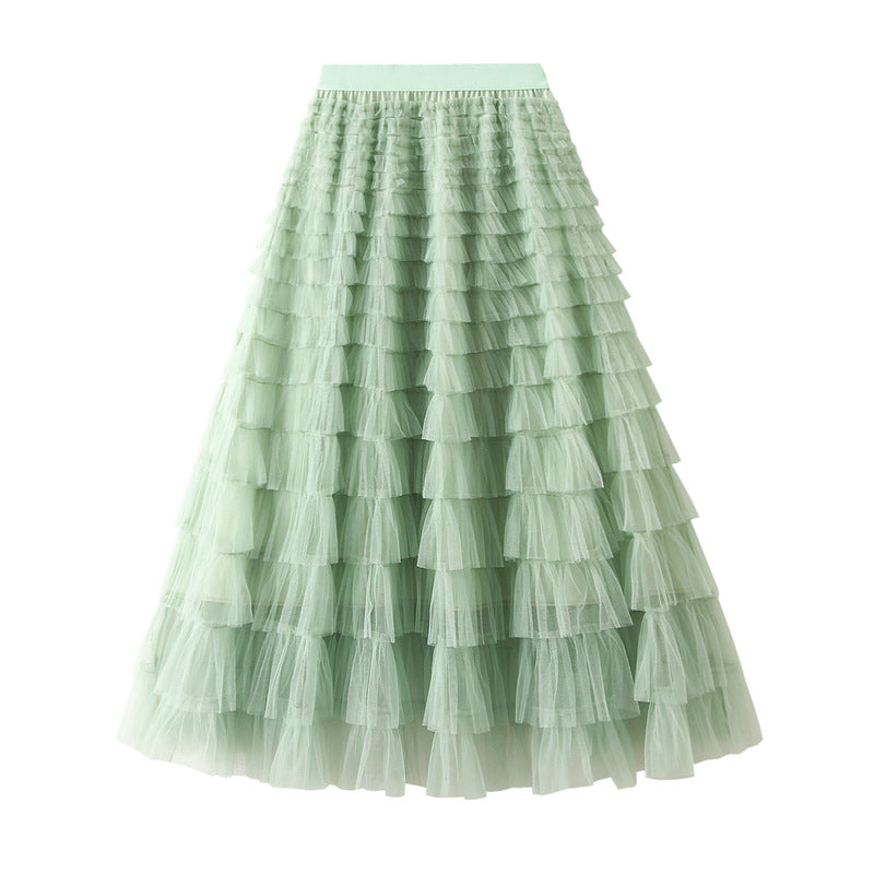 Mesh Tiered Skirt Women Spring Autumn Dress Fairy White Yarn Skirt Pleated