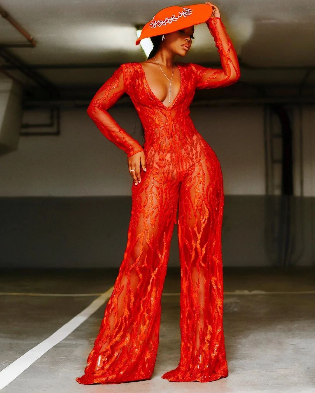 Spring Summer Women Clothing Jumpsuit Gold Deep V Plunge Luminous Red Wide Leg Pants