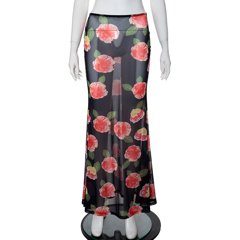 Damenbekleidung Sommerrock mit niedriger Taille und bedrucktem Netzstoff