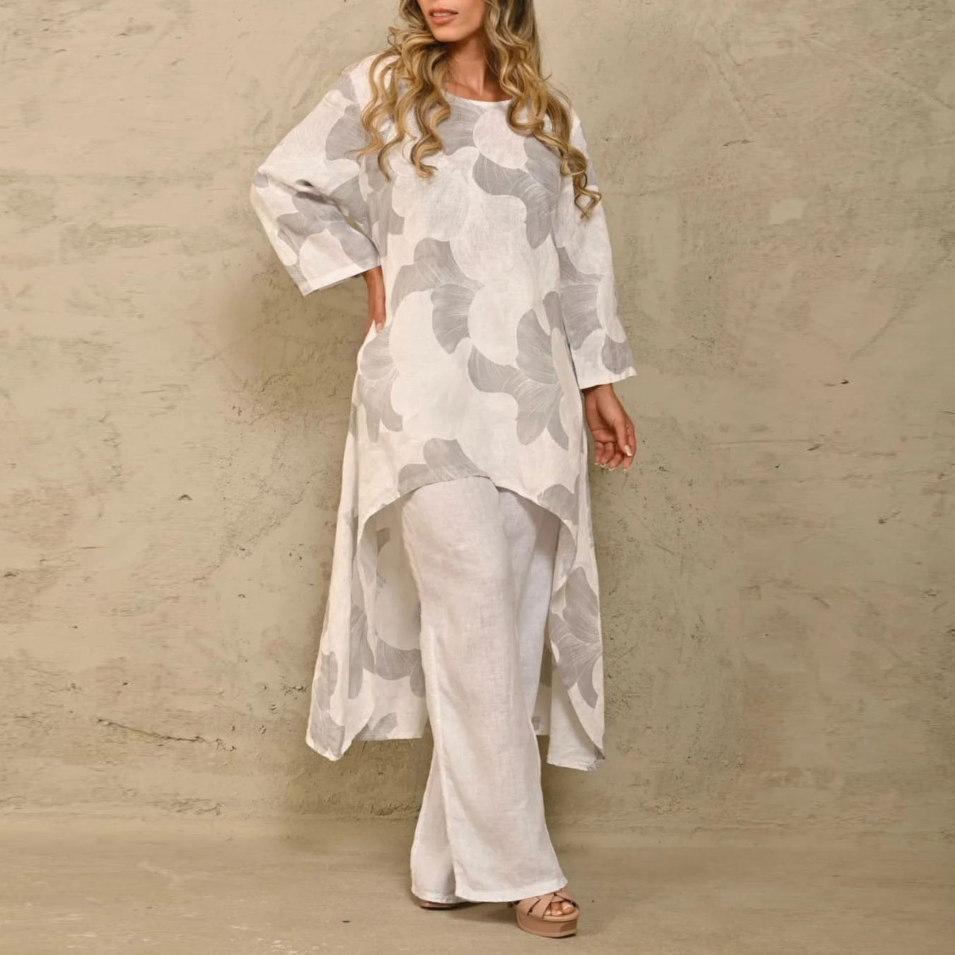 Women Clothing Casual Loose Print Irregular Asymmetric Top Suit Summer
