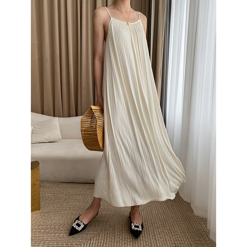 Leather Spaghetti Strap French Drape Organ Pleated Sling Dress