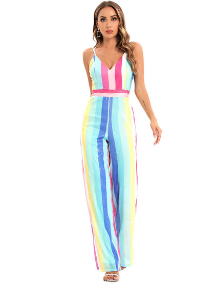 Hose Sexy Retro Hosenträger Streifen Pailletten Overall Frauen Kleidung