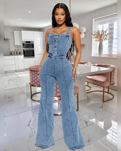 Plattform Frauen Casual Sexy Strap Denim Overall Breite Bein Hosen Bell-Bottom Hosen