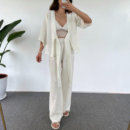 Women Casual Loose Outfit Plain Lace Up Three Quarter Length Sleeves Cardigan Trousers Two Piece Set