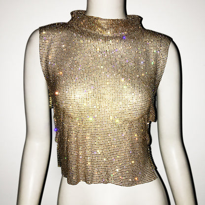 Ropa de mujer Chaleco con diamantes completos Cuello alto de lujo Top con diamantes de imitación Chaleco sexy para discoteca sexy