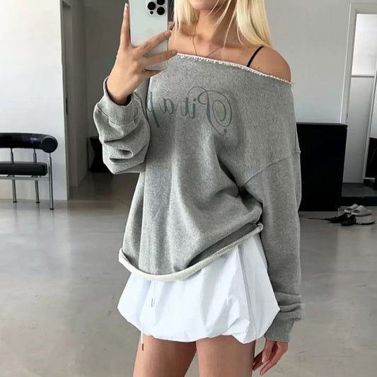 Sport Retro Lazy Shoulder Casual Loose Top Herbst Langarm Alle passenden T-Shirt