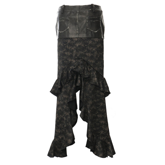Falda midi asimétrica irregular estampada con volantes y costuras de cuero de dos colores lavadas en primavera para mujer