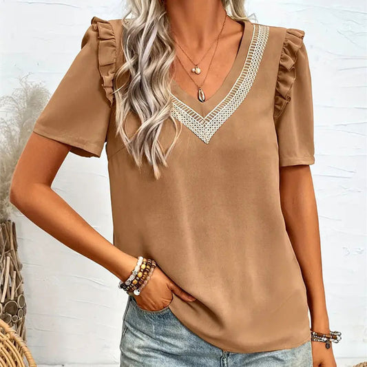 Damen Kleidung Fliegende Ärmel V-Ausschnitt Spitze Rüschen Kurzarm Top Damen Urlaub Damen Weste Shirt Damen T-Shirt Damen